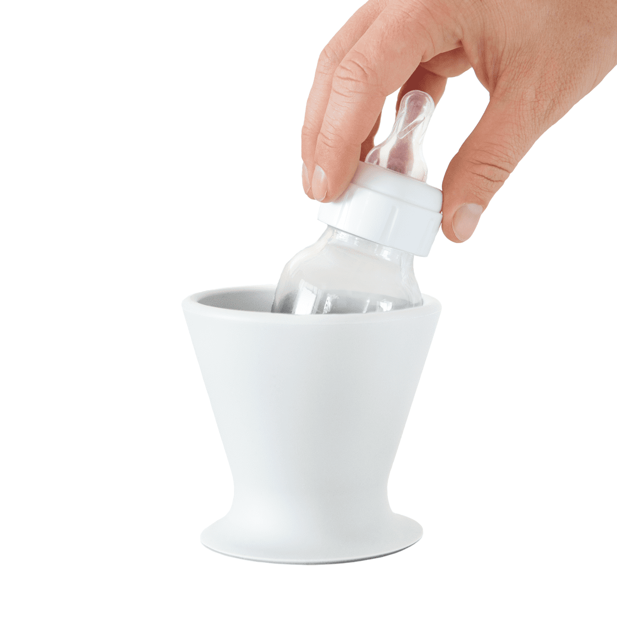 Bökee Baby Bottle and Breast Pump Holder and Snack Bowl – Silicone One Hand Milk & Formula Prep with Suction Cup - Dishwasher Safe - White, 1-Pack