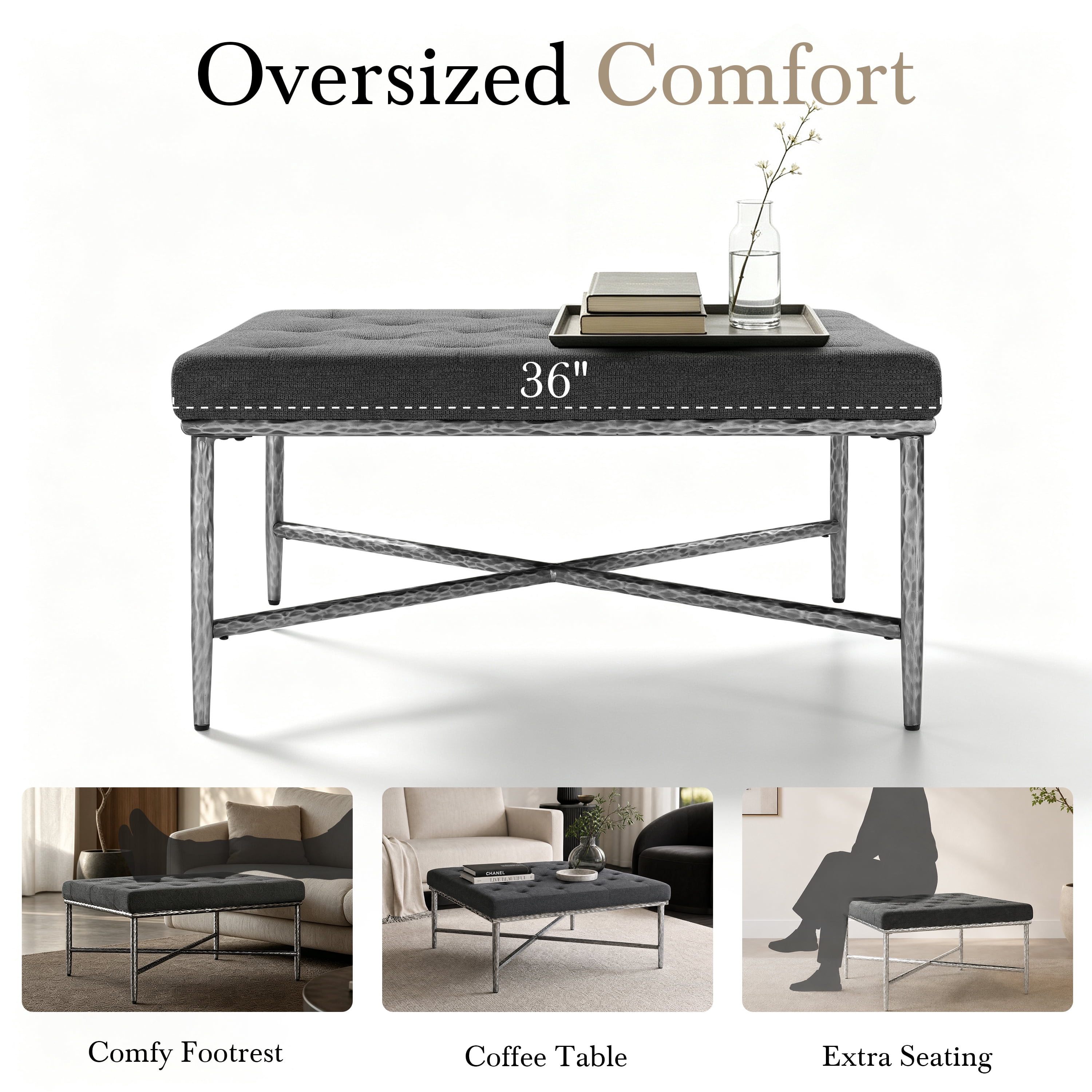 Euroco 36" Square Tufted Ottoman Coffee Table,Modern Upholstered Footstool Center Table with Hammered Metal Frame & X-Base for Living Room,Gray
