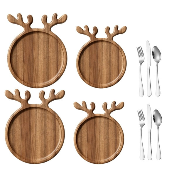 HUISZJ 4pcs Christmas Antler Serving Tray — Round 10.46 inch Wooden Appetizer Platter with Tableware Set — Xmas Charcuterie Tray for Cheese Bread