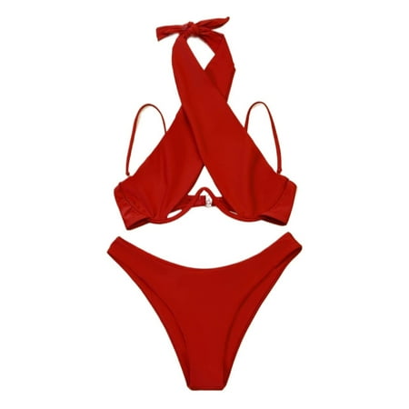 Womens Cutout Solid Cross Halter Underwire Top And Bikini Bottom  Bathing Suits Swimsuits For Women
