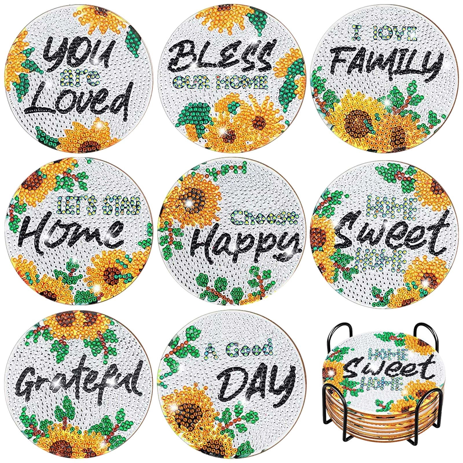 Junepar 3.9" 8Pcs Sunflower Diamond Painting Coasters Kit DIY 5D Diamond Art Cup Mat Set with Cork Backs & Tools for Adults & Kids