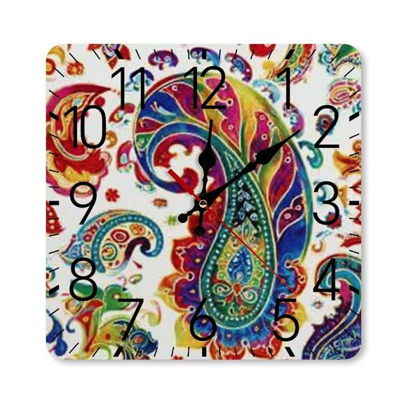 RKSupls 10×10inch Square Silent Wall Clock Wooden Frame, Colorful Paisley Pattern Scale Decorative Clock for Home Bedroom Living Room Office