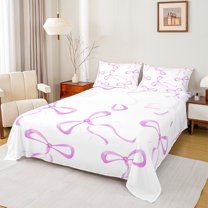 jejeloiu Cartoon Cute Bowknot Full Size Sheets,Kawaii Bow Bowtie Bed Sheets,Pink White Sheet Sets For Girls,Ultra Soft Home Decor,4-Piece