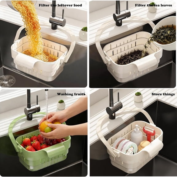 Linnome 2-In-1 Foldable Sink Basket Hanging Sink Colander Food Residue Filter Sponge Utensil Storage Strainer for Kitchen Fruit Vegetable Wash
