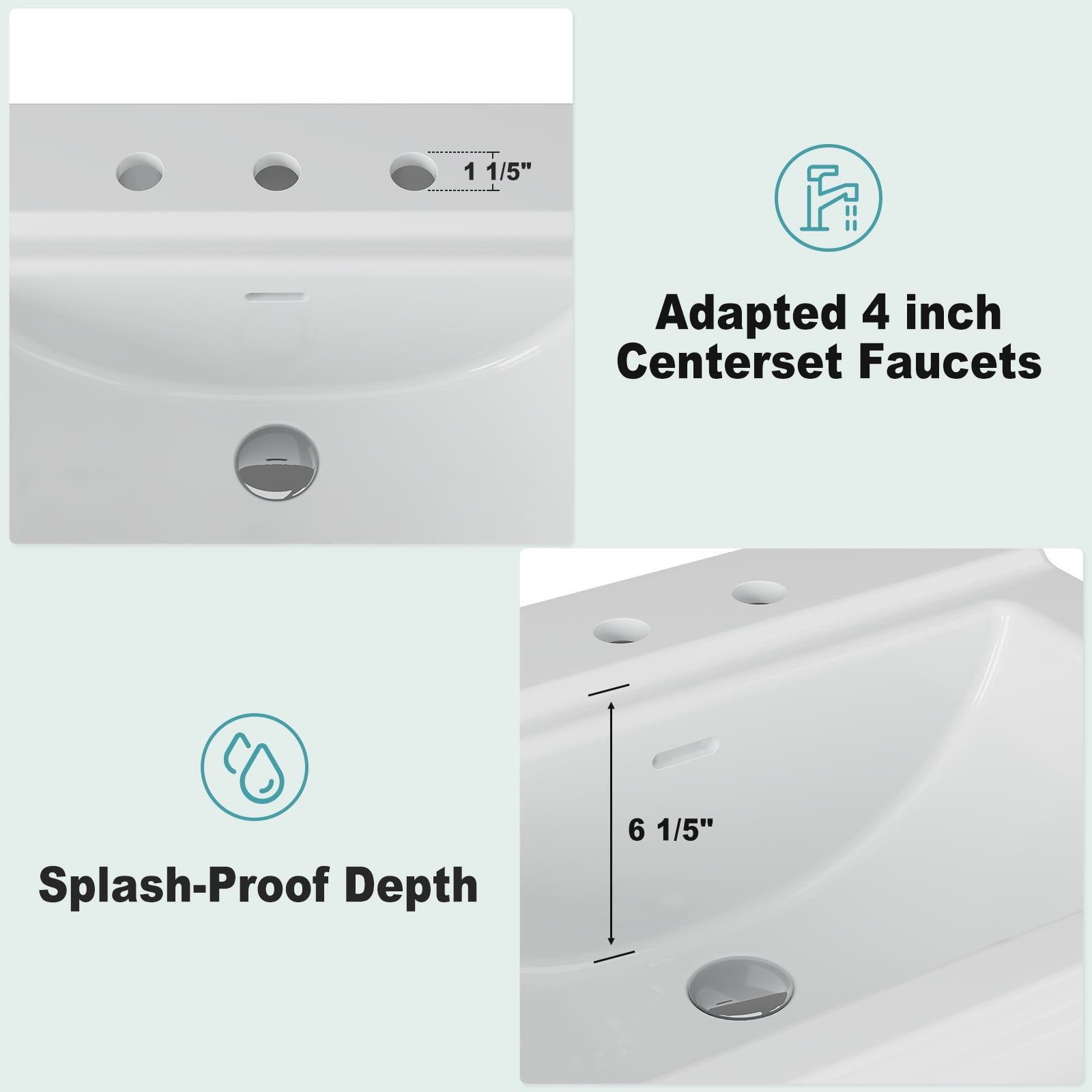 26"L X 21"W Rectangular Pedestal Sink, White Ceramic Pedestal Bathroom Sink with 3 Faucet Holes At 4" Faucet Centers, with Overflow