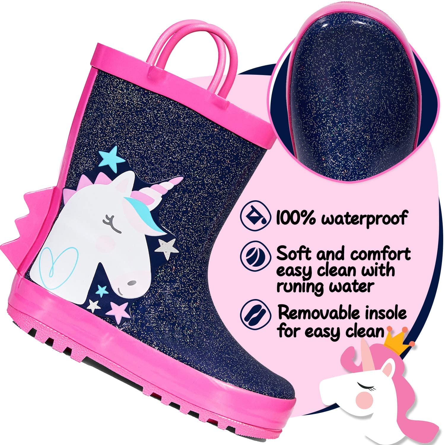 Kushyshoo Rubber Kids Rain Boots Navy Unicorn Rain Boots for Toddler Girls Sizes 6