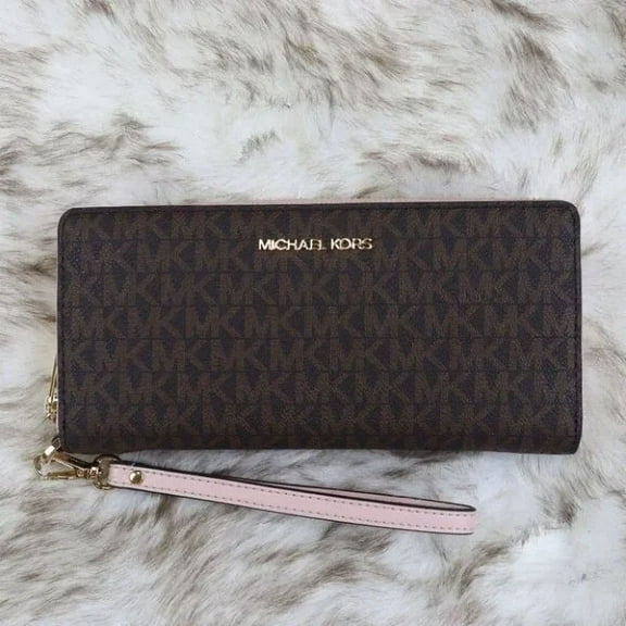 Michael Kors Women Lady Long Zip Around Wallet Wristlet Clutch Purse Brown/Pink