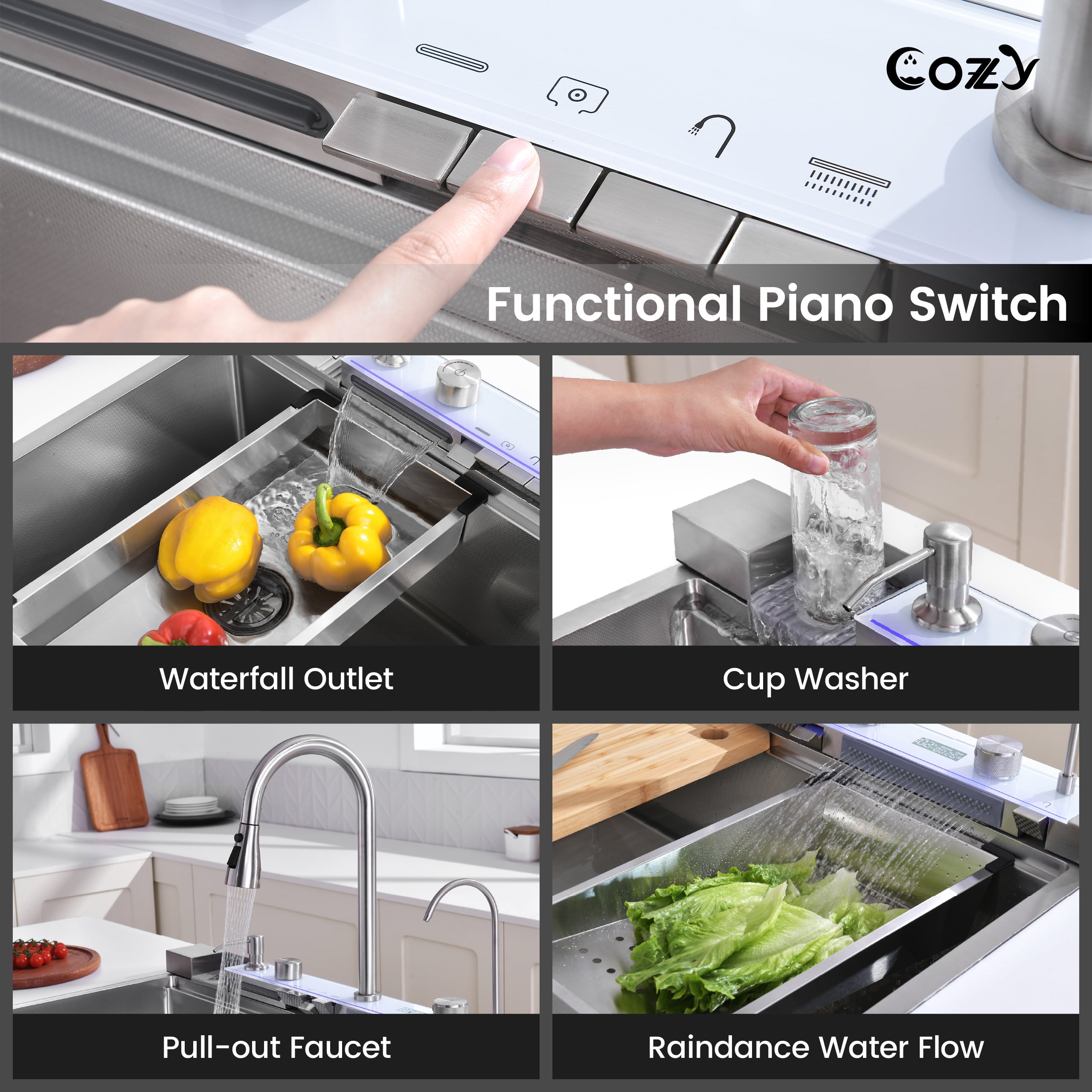 33″×22″ Stainless Steel Single Bowl Kitchen Sink, Brushed Waterfall Workstation with Flying-Rain Faucet, Sprayhead, Cup Washer, 1 pack, SS-BR06-332212