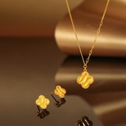 ZHOU LIU FU 24K Gold Pendant Necklace Four-Leaf Clover Diamond Cut Lucky Jewelry Birthday Anniversary Gift for Women 16-18