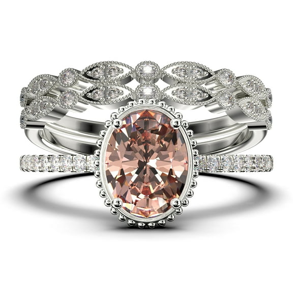 Gorgeous Minimalist 2.50 Carat Oval Cut Morganite And Diamond Moissanite Engagement Ring, Floral Wedding Ring, Two Matching Band in 10k Solid White Gold, Gift For Her, Promise Ring, Anniversary Ring