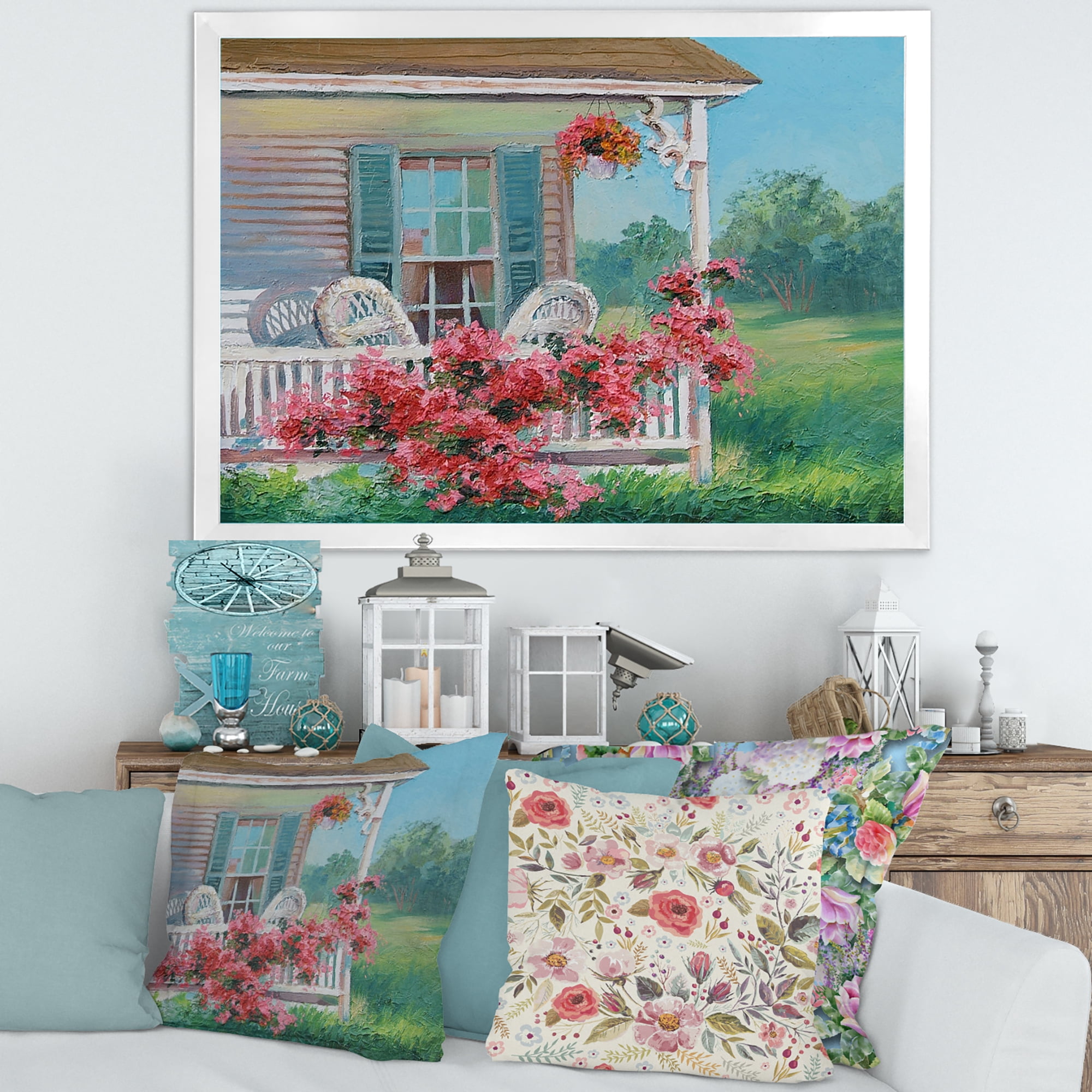Designart 'Patio & Blossiming Red Flowers With Wooden House' Traditional Framed Art Print