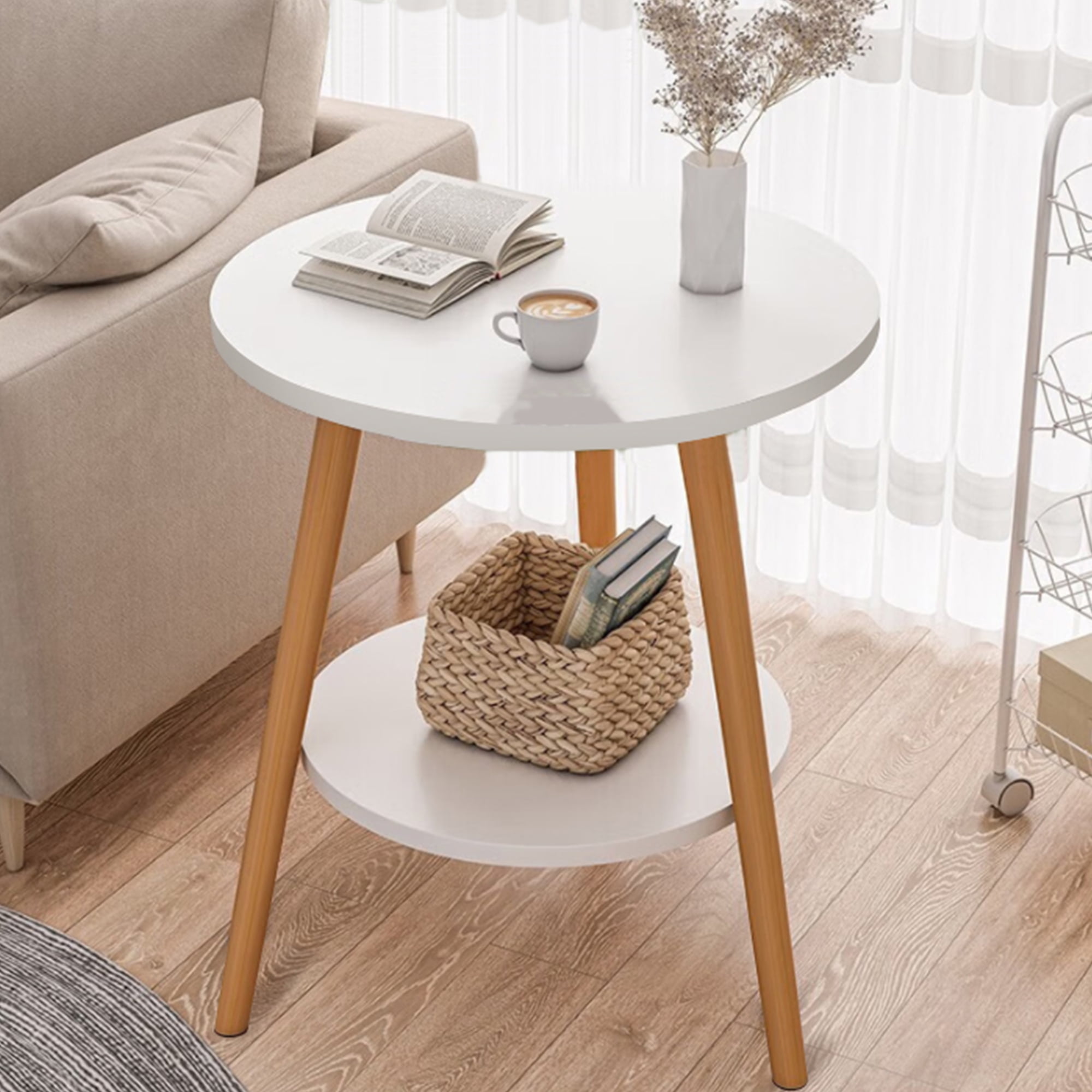 ミニオン【ON-U LIFE】ROUND SIDE TABLE Untyo White Round Side Table, 2-Tier Nightstand End Table
