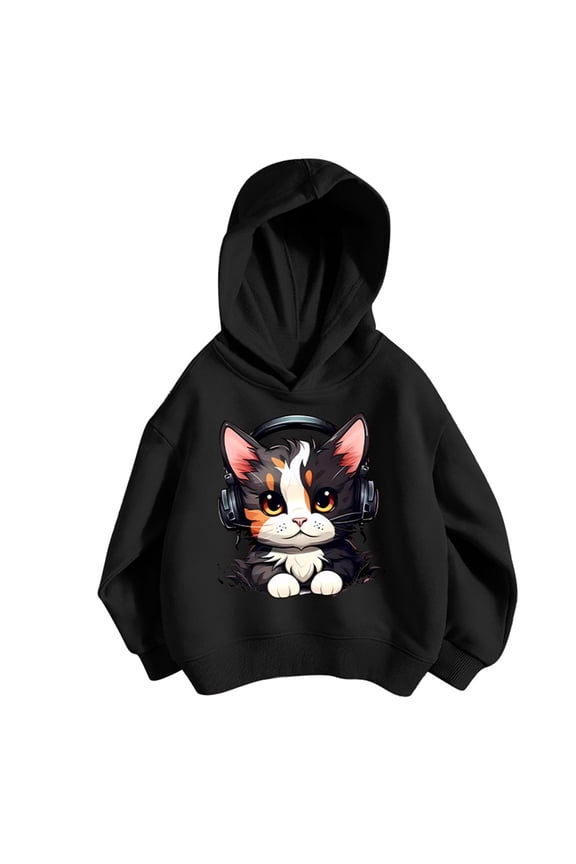 Big Boy Girl Hoodie Cartoon Cat Print Long Sleeve Pullover Hooded Sweatshirt Soft Comfy Hoodie Black,Sized 8-9