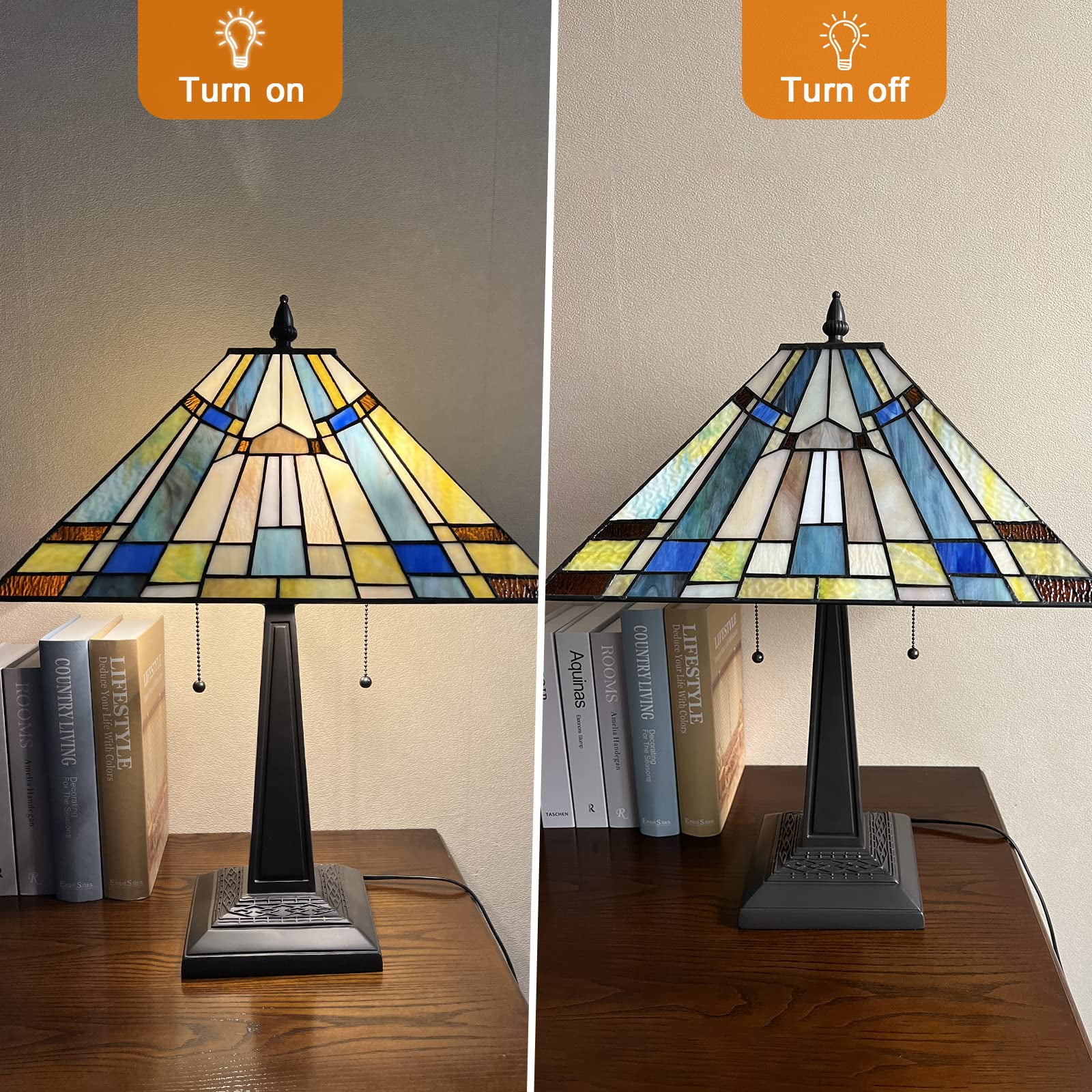 Tiffany Table Lamp 16" Wide Handmade Stained Glass Lamp Shade 2 Light Vintage Table Lamp for Living Room Bedroom