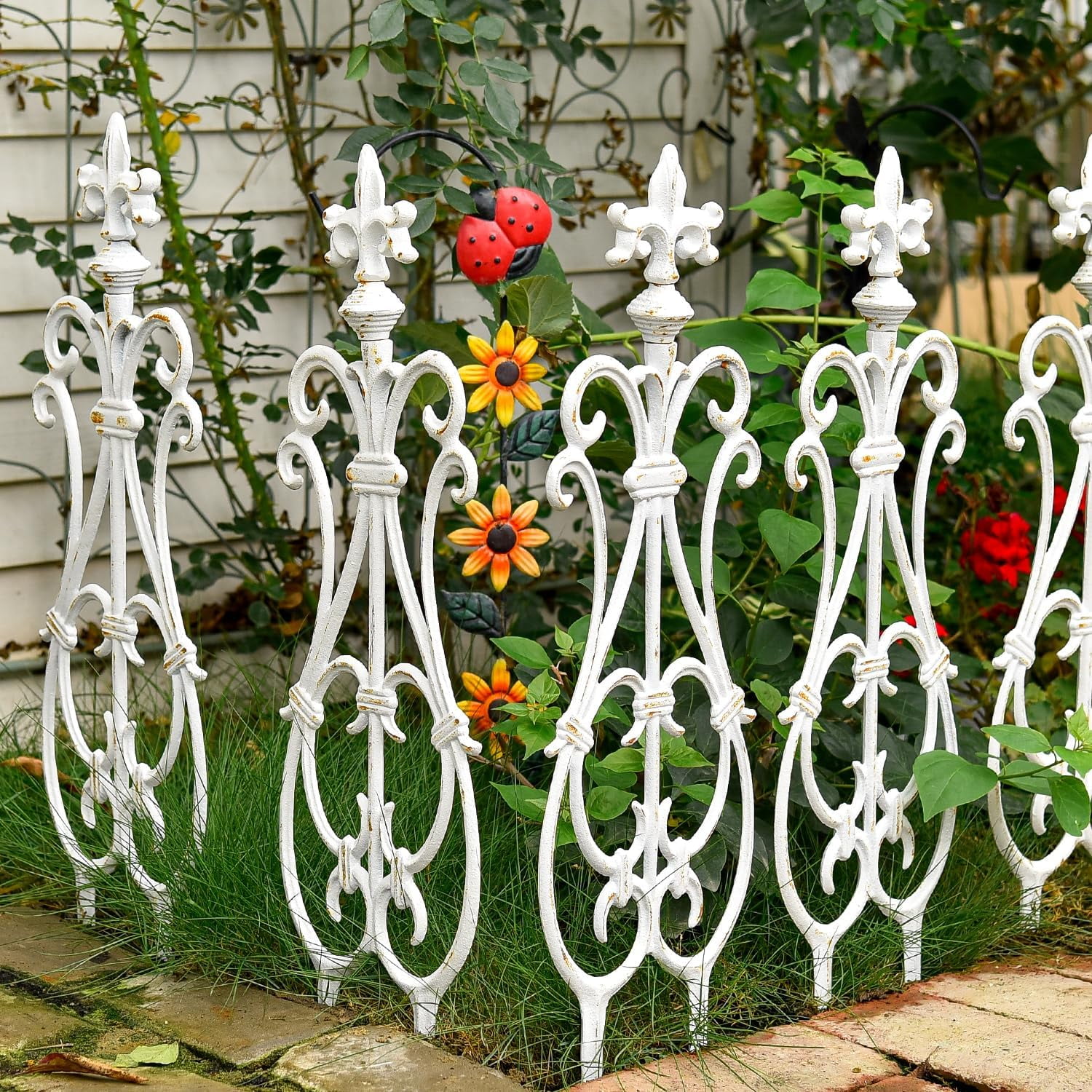 Sungmor Cast Iron Garden Edging Border, Flower Bed Landscape Picket Fence Panels, 28" x 7.6", 4 Count White