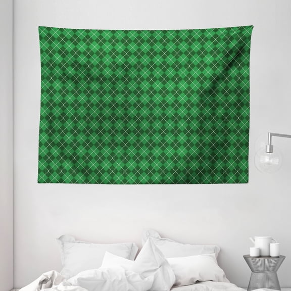 Irish Tapestry, St. Patrick's Day Celebration Inspired Vintage Pattern Argyle Tartan Dots, Wall Hanging for Bedroom Living Room Dorm Decor, 80W X 60L Inches, Green Dark Green White, by Ambesonne