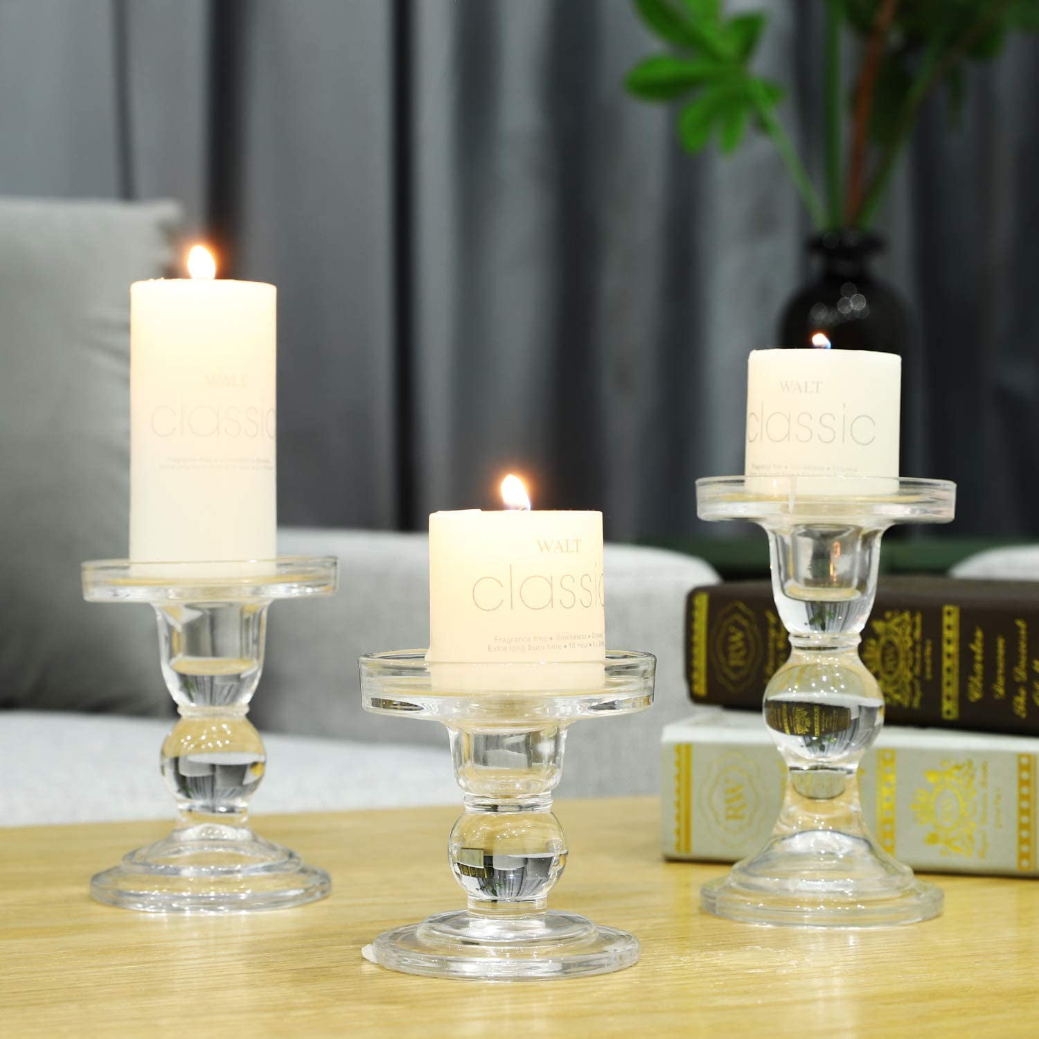 Glass Candle Holder Set of 3 Crystal Table Candlestick for 3