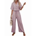 thumbnail image 2 of Women'S Casual 2 Piece Set V-Neck Short-Sleeved Tops Straight Wide Leg Pants Outfit Lotus Root Color M, 2 of 9