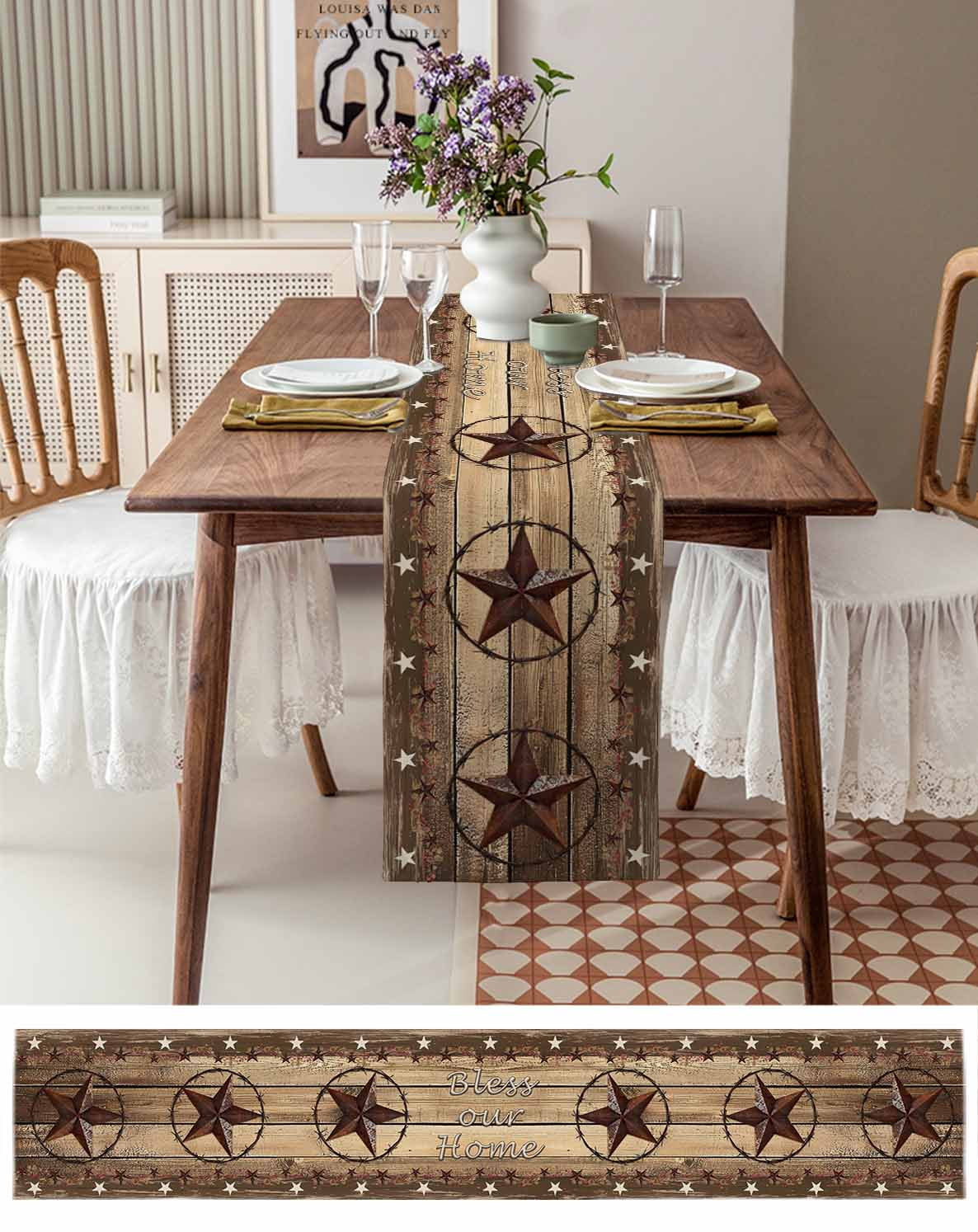 Rustic Country Table Runner 48 Inches, Western Stars Brown Texture Wooden Print Bed Runner Dresser Scarves Tabletop for Indoor Outdoor Parties/Ceremony/Banquet, 13" x 48"
