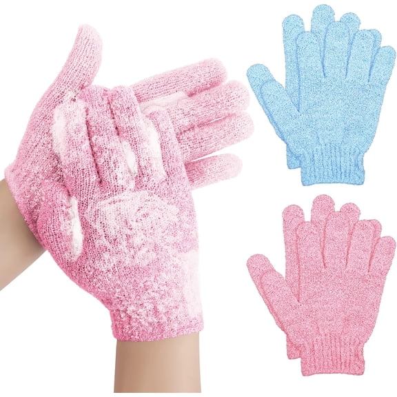 2 Pairs  Bath Gloves for Shower Natural Loofah Exfoliating Wash Gloves for Body and Face, Dead Skin Remover, Double Sided Microfibre Shower Body Gloves for Adults and Kids