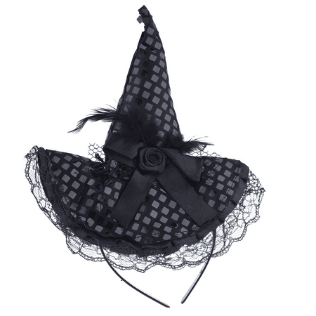Lux Accessories Halloween Black Purple Lace Flower Feather Witch Hat Headband