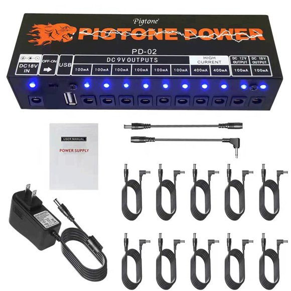Pigtone Fuente de alimentación para guitarra 10 salidas CC aisladas para pedal de efecto de 9 V/12 V/18 V PD-02 con USB (5V2A)