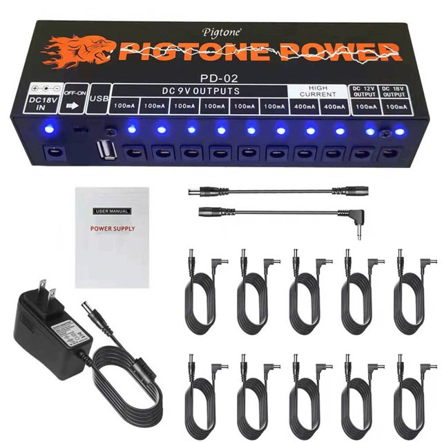Pigtone Fuente de alimentación para guitarra 10 salidas CC aisladas para pedal de efecto de 9 V/12 V/18 V PD-02 con USB (5V2A)