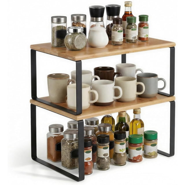 Organizadores de Cocina, Juego de 4 Estantes de Cocina, Apilables, Expandibles, Negro y Natural