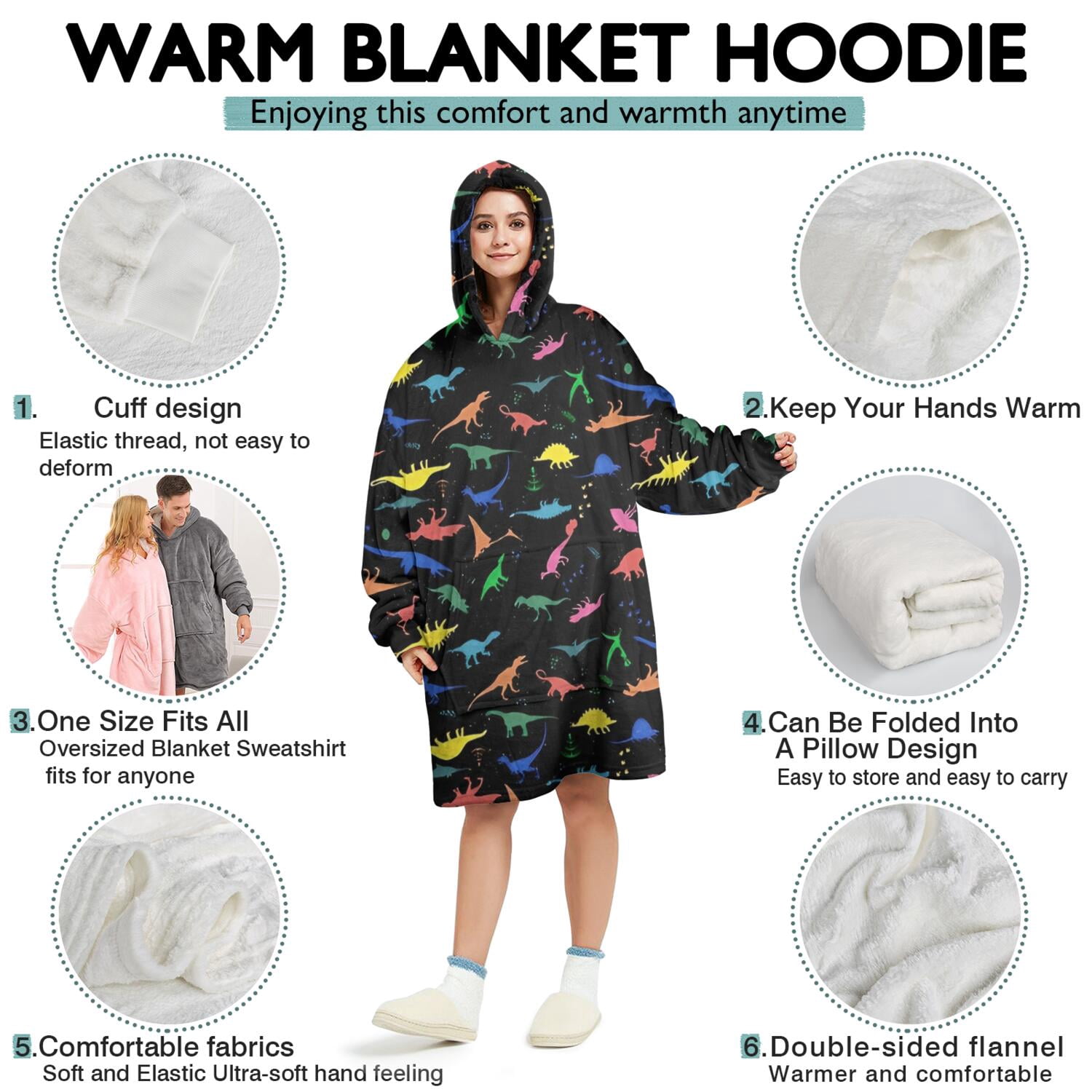 Wearable Oversized Blanket,Colorful Dinosaurs Silhouettes Pattern Wearable Blanket Hoodie for Adults,Cozy Hooded Blankets with Super Pockets,Super Warm Fuzzy Pullover for Women & Men
