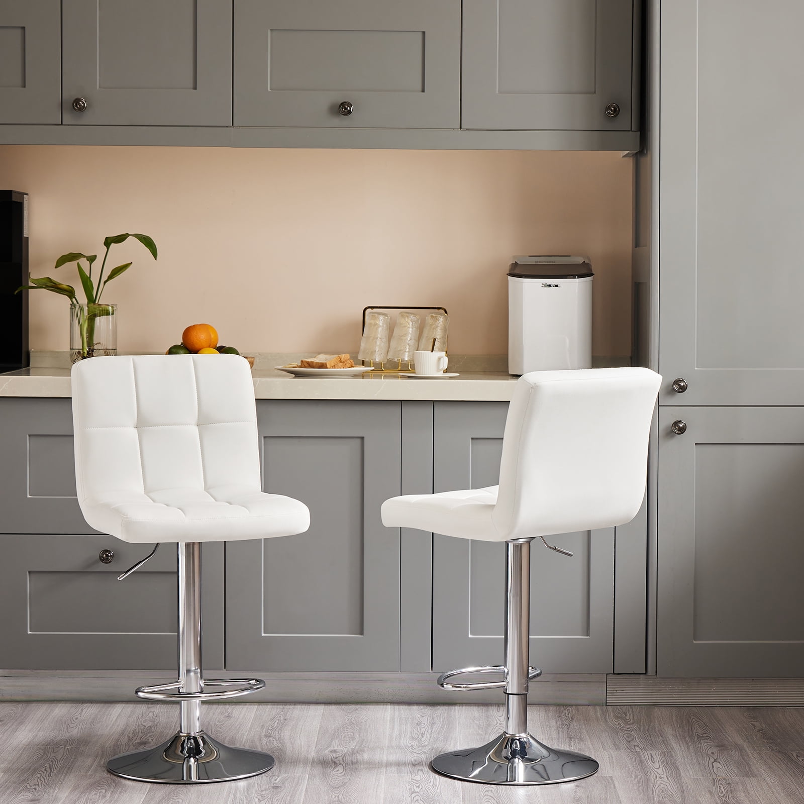 Bar Stools Set of 2, Adjustable PU Leather Barstools with Back, Swivel Armless Counter Height Chairs for Kitchen Island & Dining Room, White