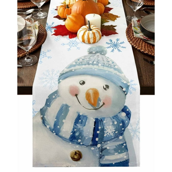 Christmas Snowman Table Runner-Cotton Linen- 36 Inch Holiday Dresser Scarves, Blue Winter Snowflakes Watercolor Tablerunner for Kitchen Coffee/Dining Bedroom Home Living Room Dinner Scarf Décor 13x36