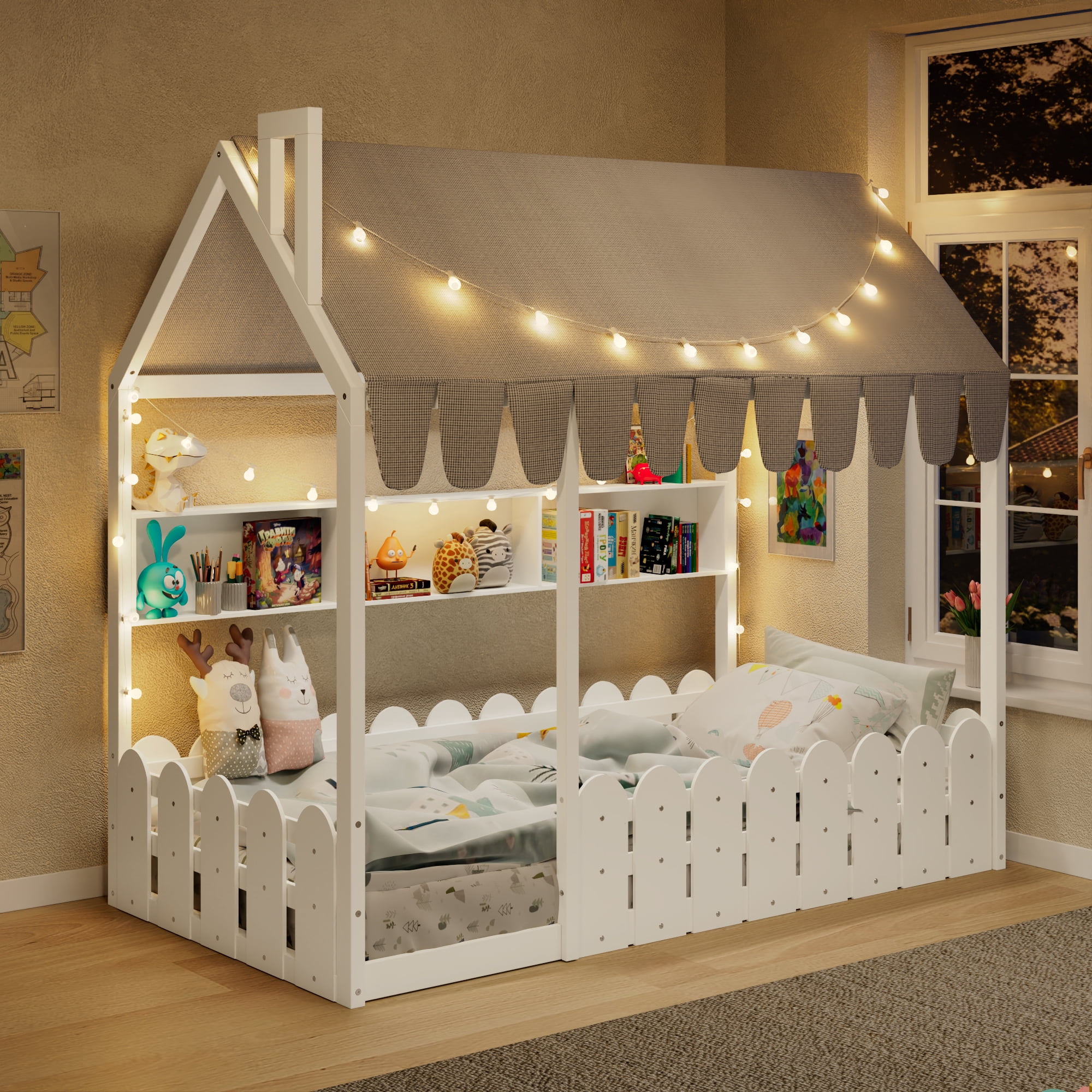 Sailvan Twin Size Montessori House Bed for Kids, Floor Bed with Fence Railings, Slats not included