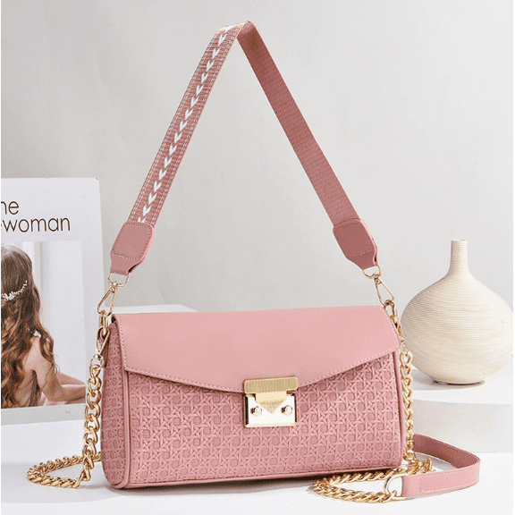 PORT&LOTUS Women's Crossbody Bag, Fashion Textured Faux Leather Shoulder Bag with Wide Adjustable Strap and Gold Chain, Trendy Flap Purse for Daily Wear