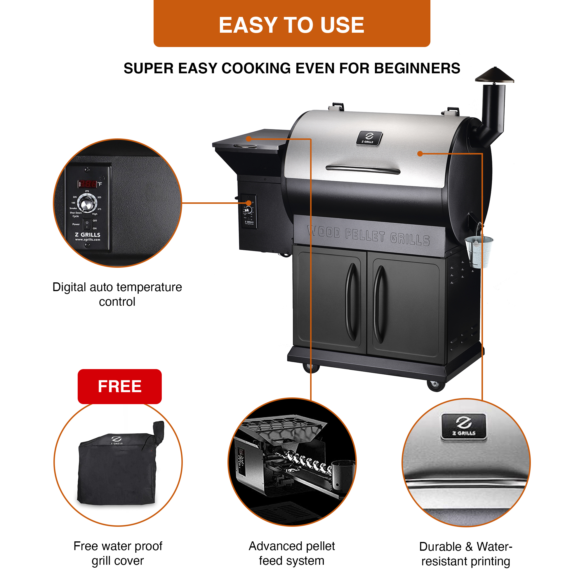 Z Grills ZPG-700E Wood Pellet Grill & Smoker 700 sq in 8 in 1 BBQ Auto Temperature 2020 Model Cover included in Stainless - image 4 of 10