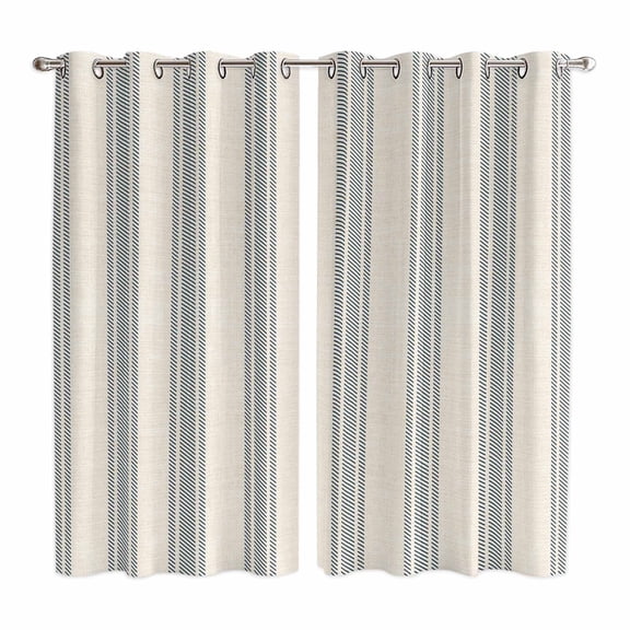 Blue Striped Kitchen Curtains 84 Inch Length, Modern Farmhouse Stripes Rustic Grommet Top Bedroom Living Room Curtains, Light Filtering Cafe Curtain Drapes 2 Panels Set 104''x84''