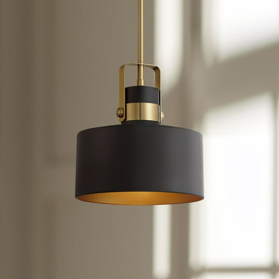 Possini Euro Design Soft Gold Mini Pendant Lighting 10" Wide Modern Matte Black Drum Shade Fixture for Dining Room Foyer Kitchen