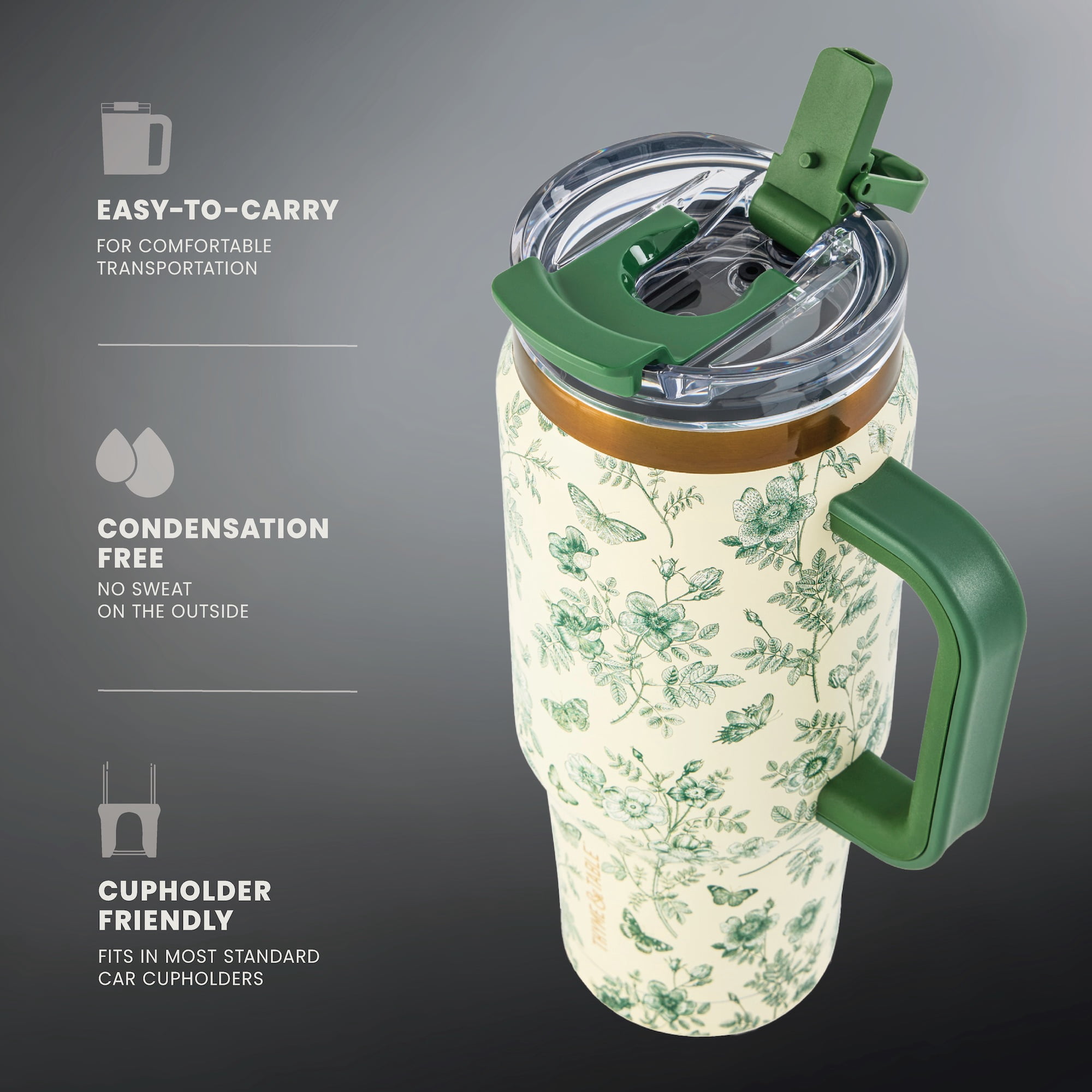 Thyme & Table 32oz Stainless Steel Luna Tumbler with Handle and Dual Straw Lid, Green Floral