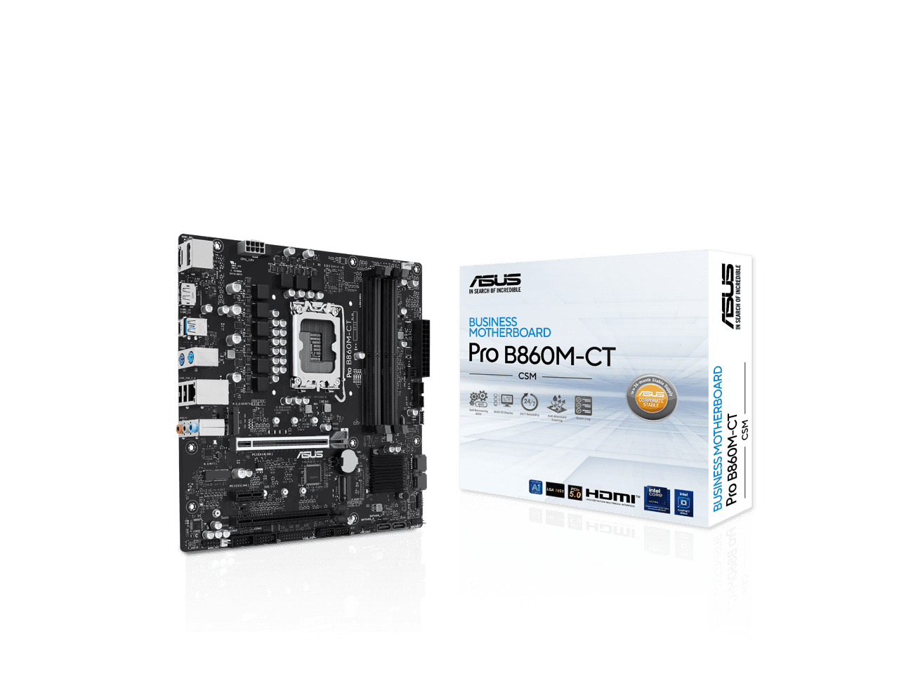 ASUS PRO B860M-CT-CSM Intel B860 (LGA 1851) mATX Motherboard, PCIe 5.0, DDR5, 2x M.2, Intel 1G LAN, 2x DP, HDMI, USB Type-C, TPM IC Onboard with Enhanced Security, Reliability and Manageability