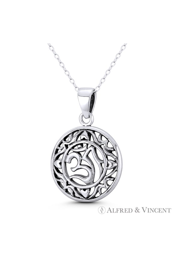 Om Aum Symbol Hindu / Buddhist Charm 32x21mm (1.3x0.8in) Pendant & Chain Necklace in Oxidized .925 Sterling Silver