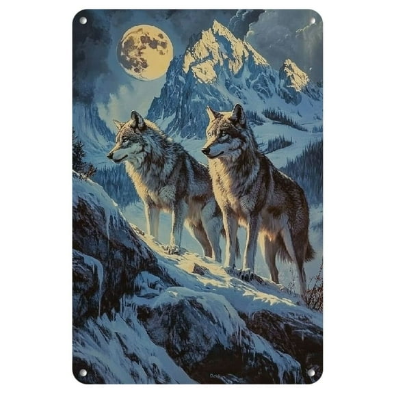 2D Wolf in Mountain Landscape Iron Wall Art, Frameless High-Quality Metal Decorative Painting, 8x12inch/20x30cm, Rustic Home Decor