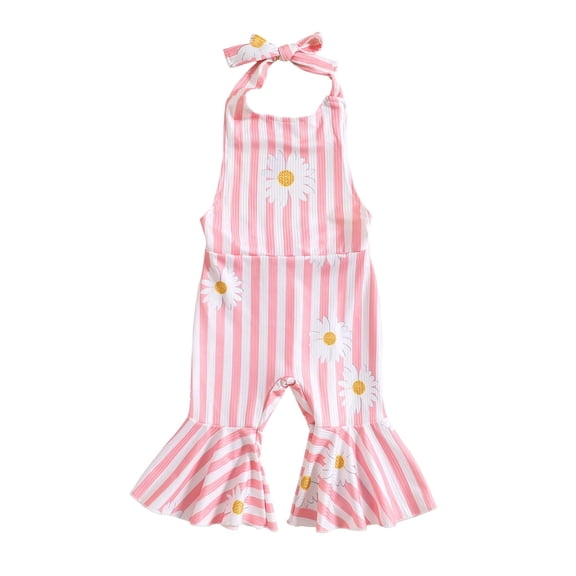 KVPLBQFD Boys Suit Size 6 Toddler Long Sleeve Onesies 6-9 Months Girls Sleeveless Striped Floral Prints Romper Backless Bell Bottoms Jumpsuit Clothes Striped Little Boys Clothes