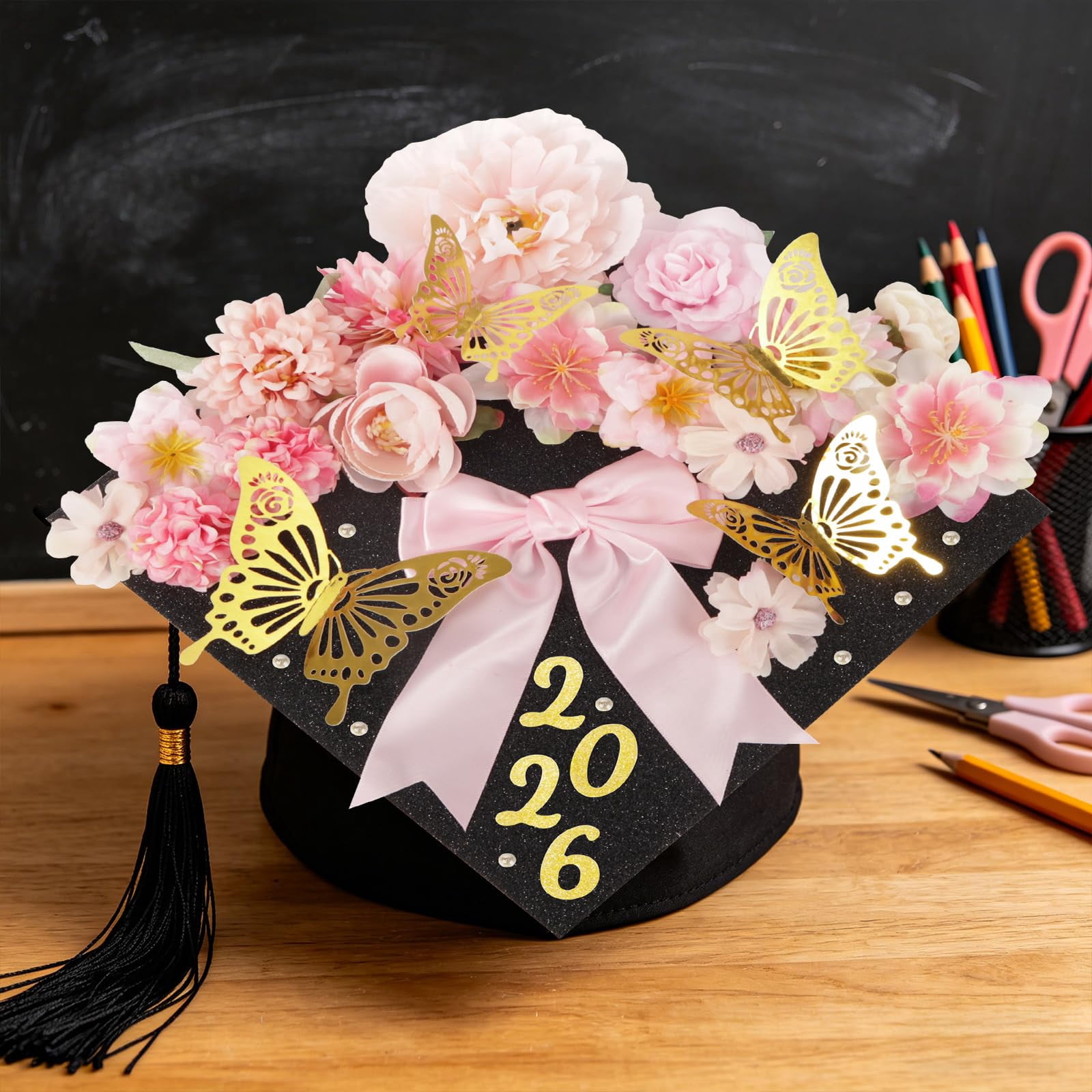 Graduation Cap Decoration Kit with Faux Flowers, 3D Butterflies and Adhesive Dots for Party