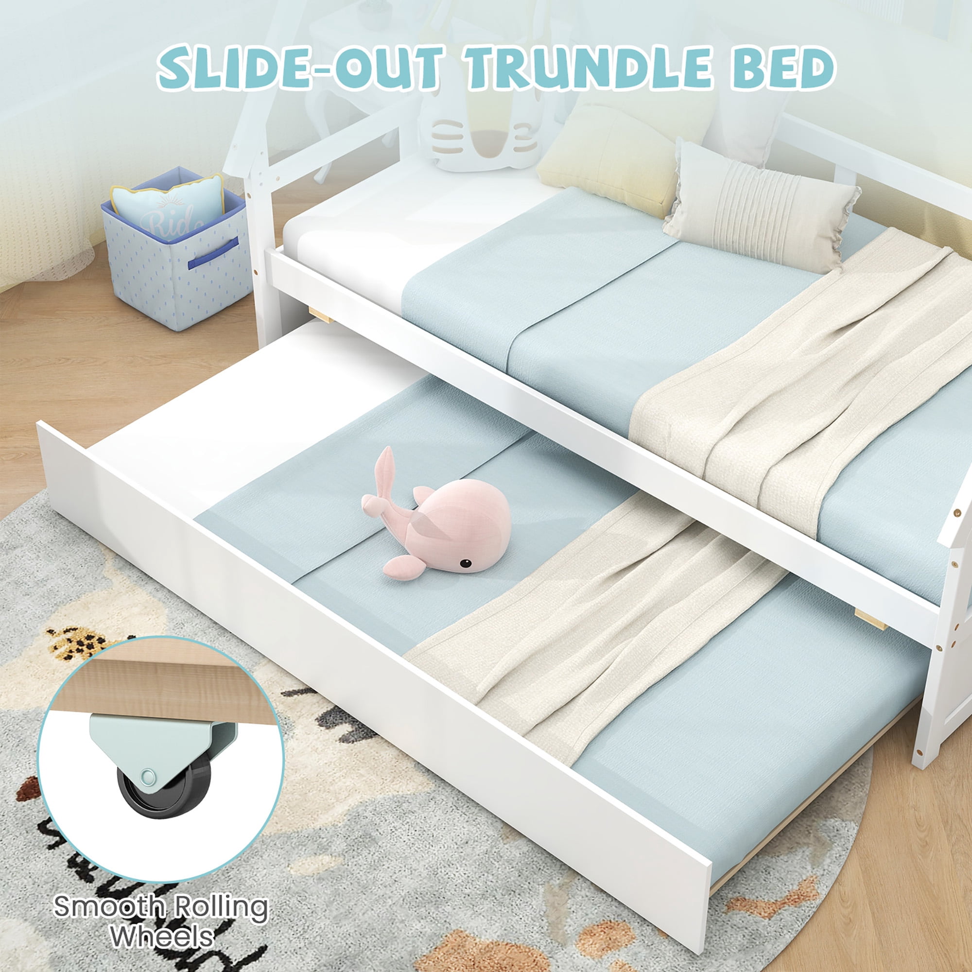 Gymax Twin Size House Bed w/ Trundle Roof & Safety Guardrail Wood Slat Support White