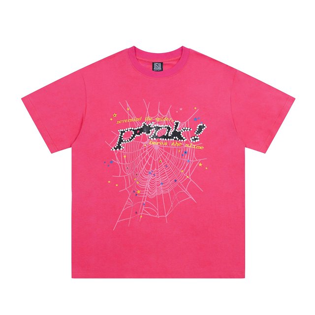 Sp5der cantante de hip-hop Young Thug mismo estilo letras de espuma 555555 pareja camiseta rosa de manga corta69606 rosa