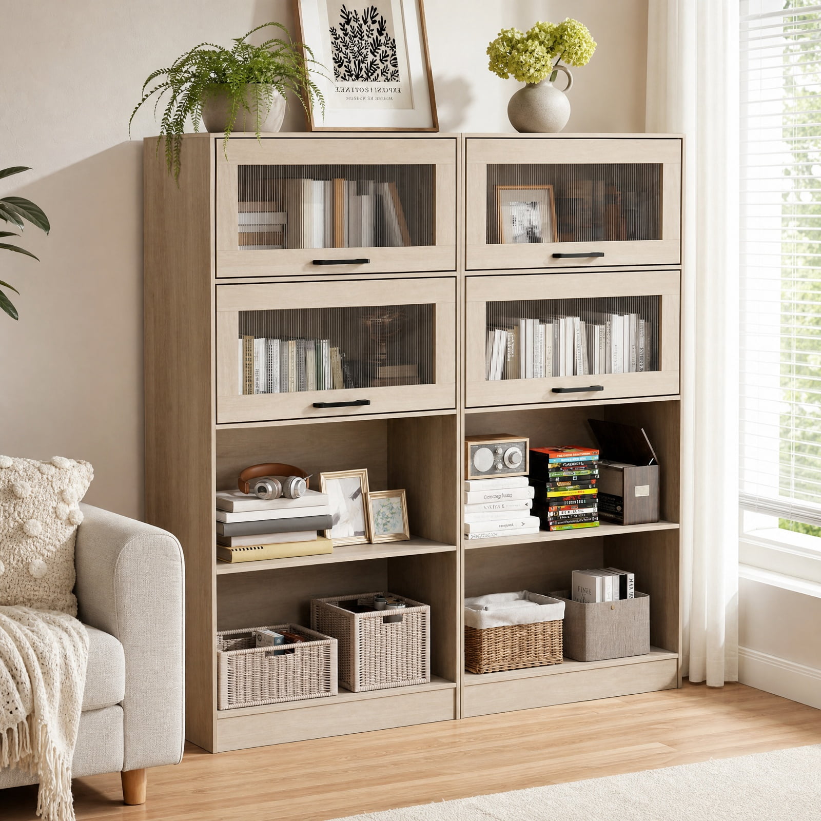 Furnibear 4-Tier Wood Bookcase with Flip-Up Cabinet Doors and Open Compartments Tall Storage for Home Office and Study, Natural