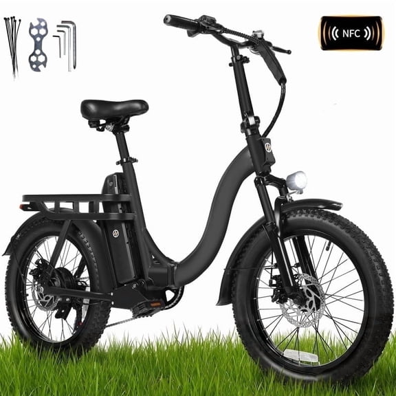 ESKUTE D200 Electric Bike for Adults Teens Students, 750W Peak Motor 28 Mph, 48V 10.4Ah Battery Up to 55 Miles, with 7‑Speed Step‑Through Cargo Fold E Bicycle, NFC Unlock, Black, UL2849