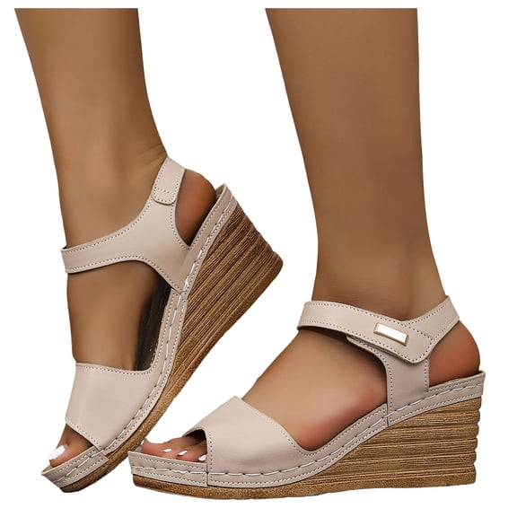 Rokment Womens Wedges Dressy Sandals 2026 Summer Trendy Casual Ladies Leather Open Toe Platform Arch Support Orthopedic High Heels Walking Dress Sandals Beach Beige Size 6.5