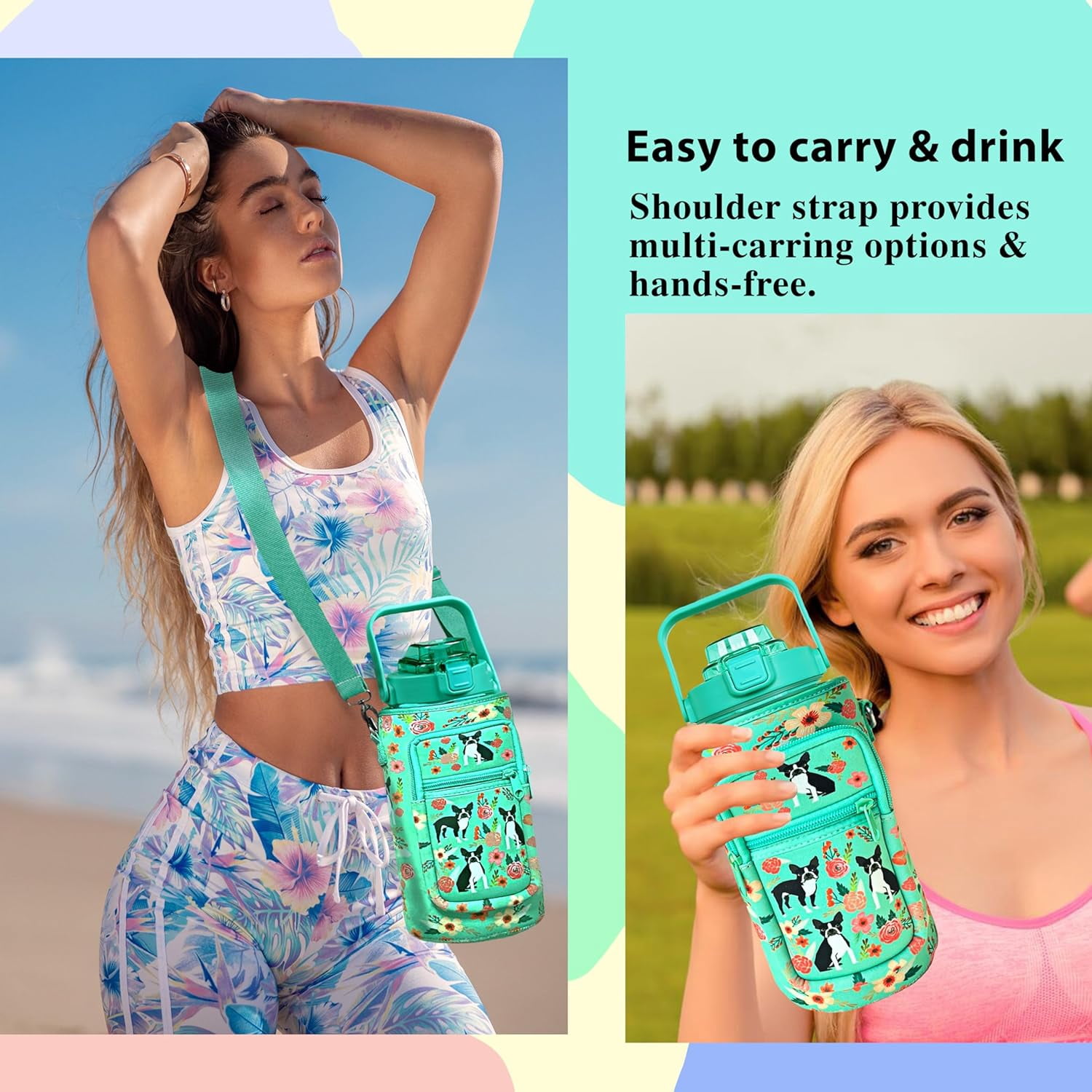 64 oz Water Bottle with Straw Sleeve & Strap Motivational BPA Free Half Gallon Water Jug with Handle for Gym Women Men Aesthetic Water Bottle with Strap Dog