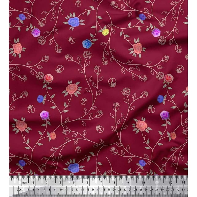Soimoi Tissu Poly Georgette Feuilles & Roses Imprimé Floral 1 Yard 42 Pouces de Large