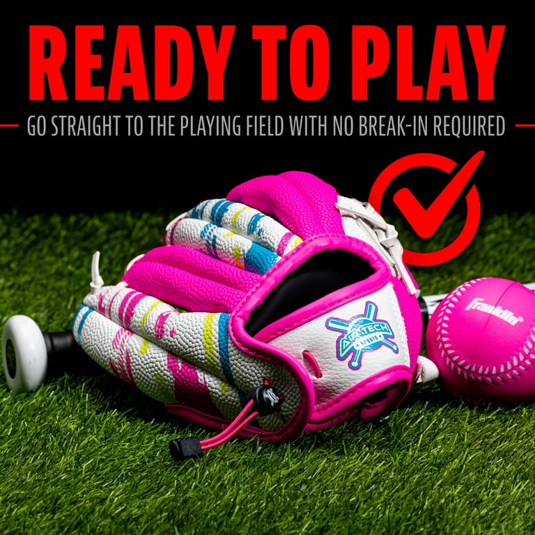 Franklin Sports Air Tech Baseball Glove and Mitts with Ball, Tee ball, Soft Air Tech Foam, White and Pink Franklin Sports Air Tech Baseball Glove and Mitts with Ball, Tee ball, Soft Air Tech Foam, White and Pink